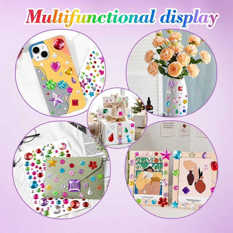 A collection of colorful acrylic gem stickers for face, nails, and crafts displayed in various arrangements.