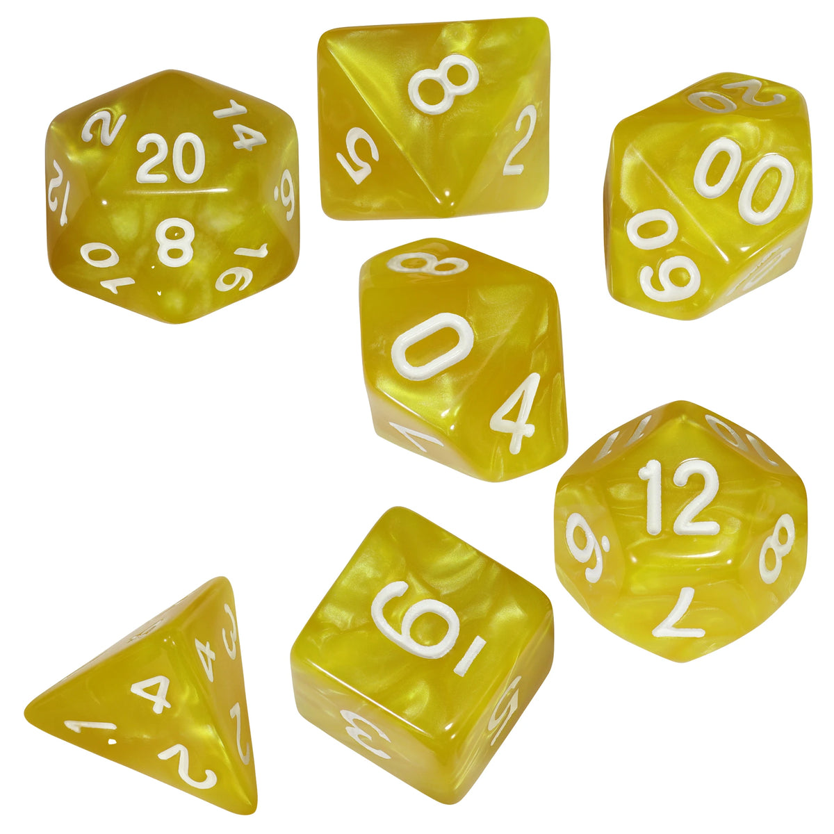 A set of seven translucent yellow polyhedral dice, including a d20, d8, d10, d6, and d12.