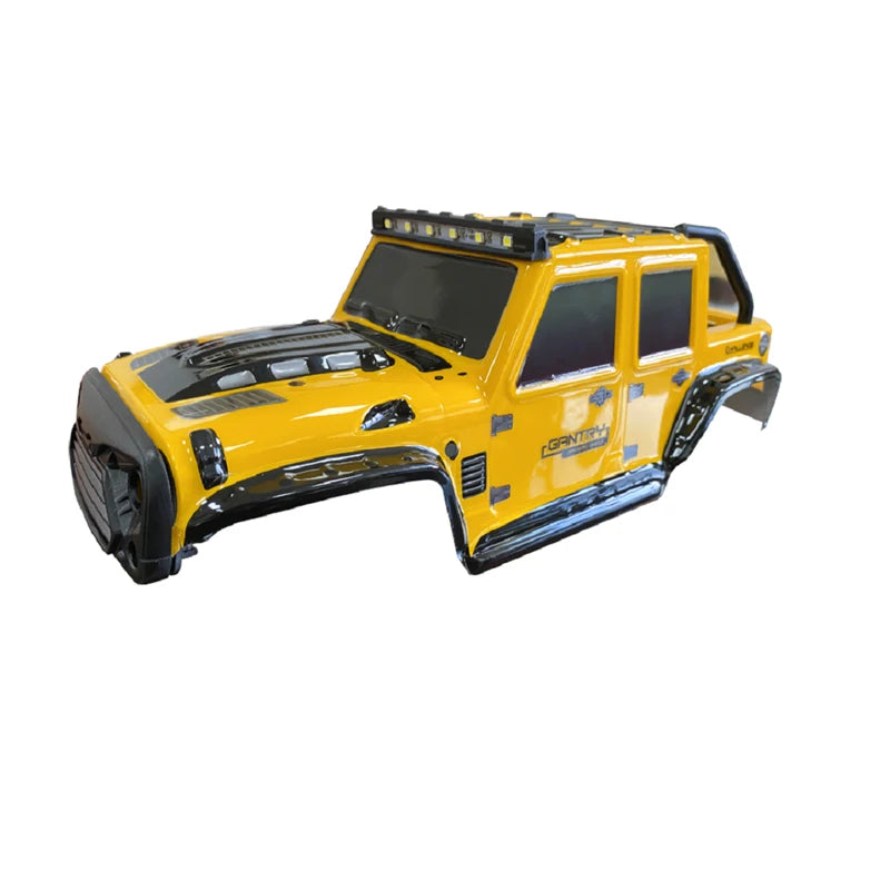 Gelbes 1/16 Maßstabs 4WD RC-Rennauto mit schwarzem Dach und Rennmerkmalen.