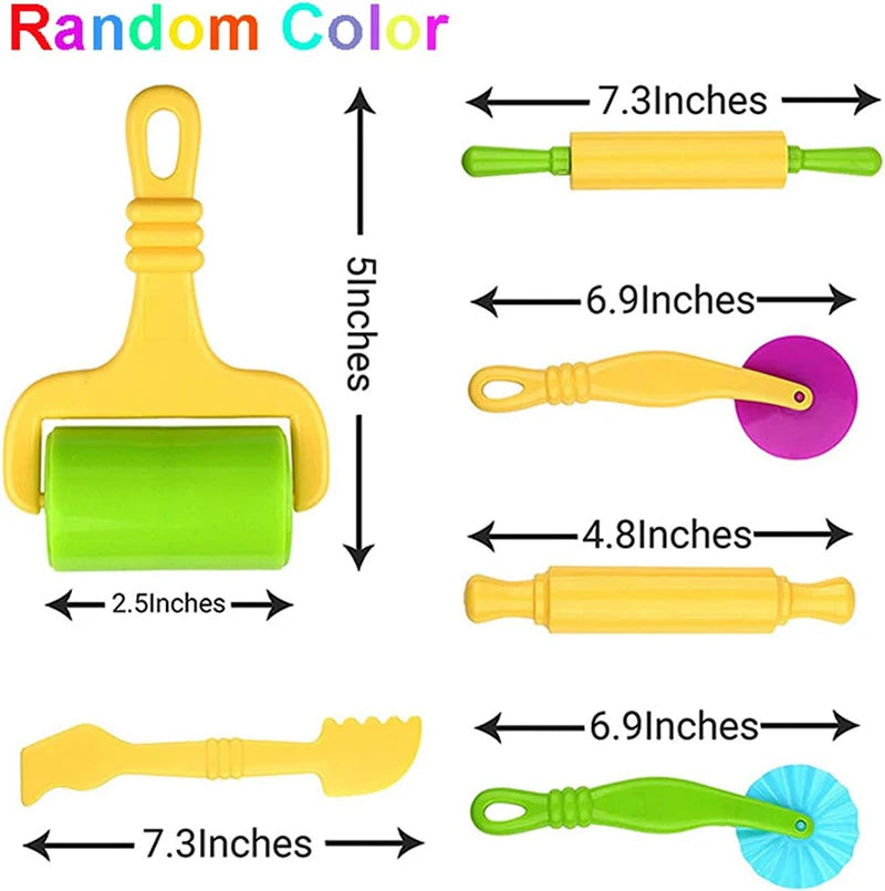 A set of 12 play dough tools including extruders, cutters, and rollers in yellow and green colors.