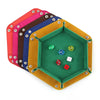 A set of hexagonal folding PU leather dice tray in various colors, including pink, brown, blue, and green.