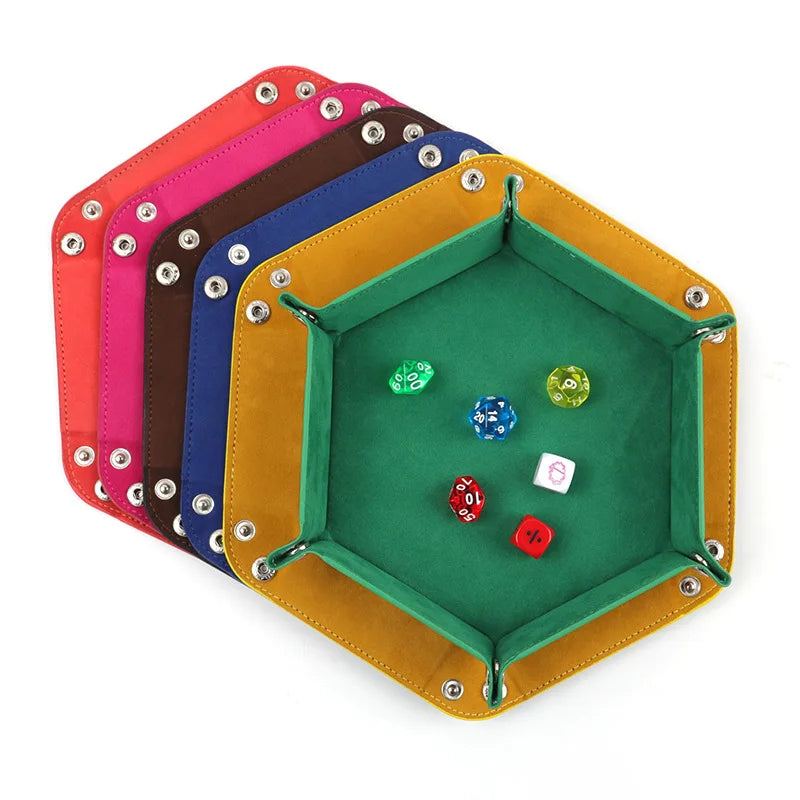 A set of hexagonal folding PU leather dice tray in various colors, including pink, brown, blue, and green.