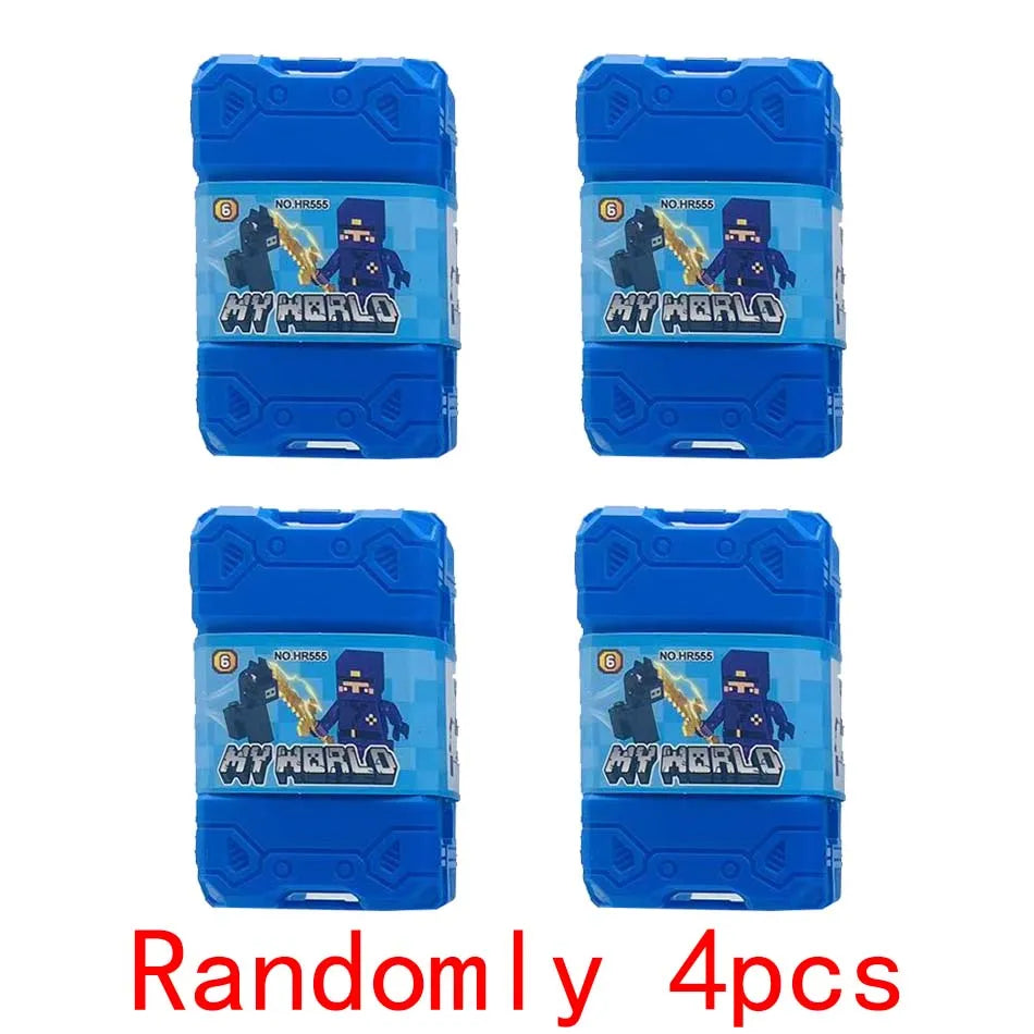 Four sets of blue PVC figures depicting Minecraft Steve with a sword and a block, randomly packaged.