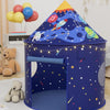 A blue rocket ship pop-up play tent with stars and planets for children