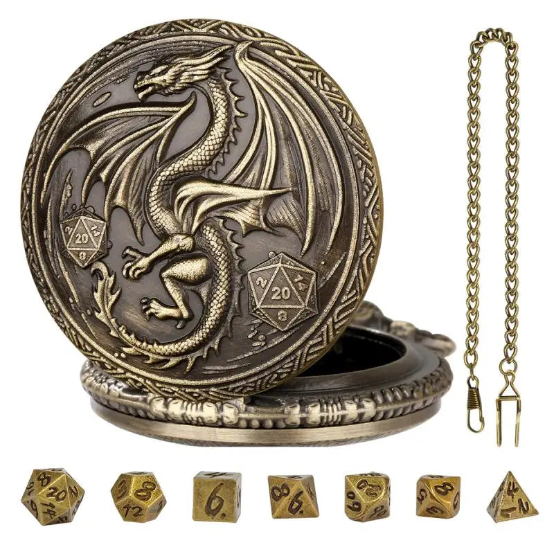 Metal Polyhedral Dice Set with Pocket Watch Case