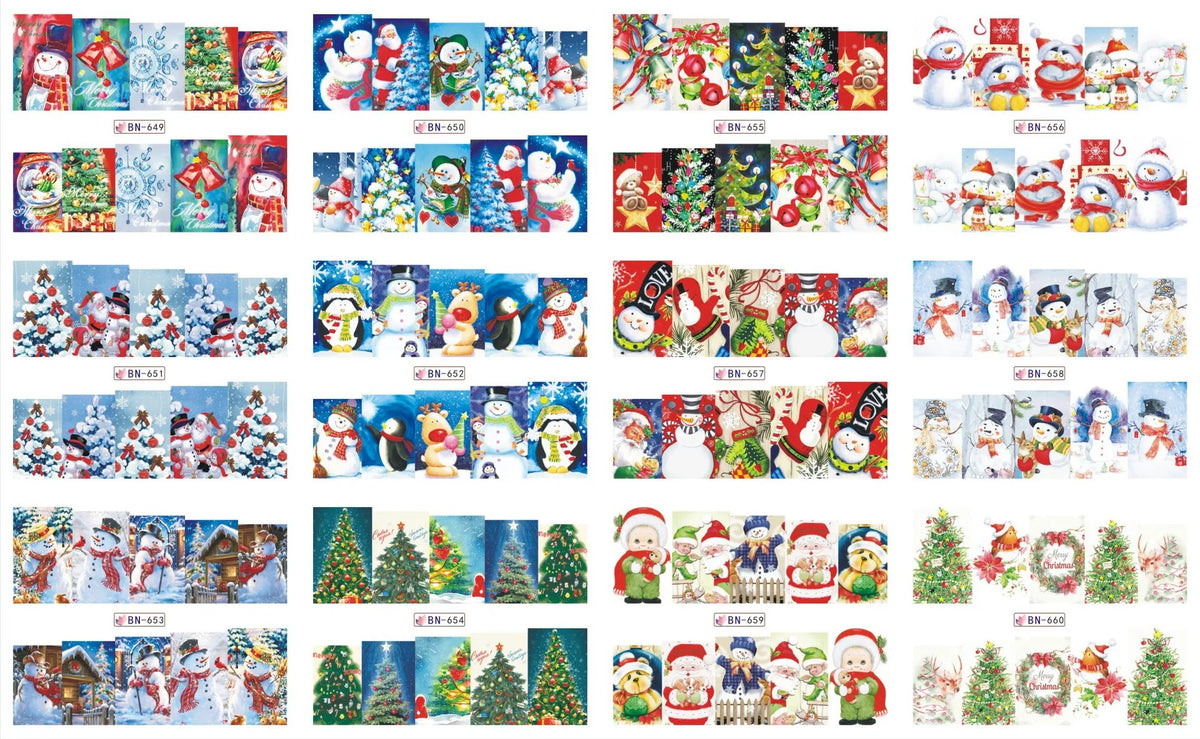 A collection of Christmas themed nail art stickers featuring festive designs, characters, and seasonal motifs.
