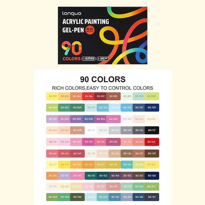 A set of 90 colors of acrylic gel pens for drawing and journaling.