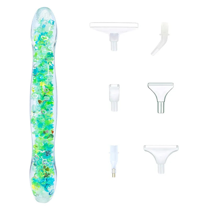 Glow-in-the-dark diamond painting pen with six interchangeable tips shown in various forms.