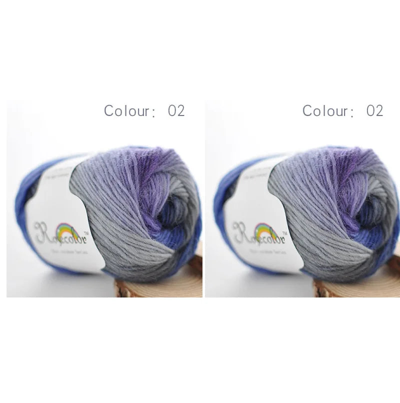 A ball of purple and grey merino wool yarn is shown, ready for knitting or crochet.
