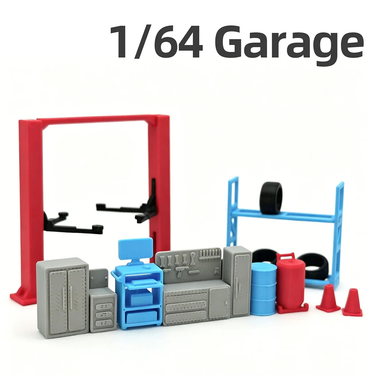 A 1/64 scale garage diorama featuring various tools and equipment in gray, blue, and red colors.