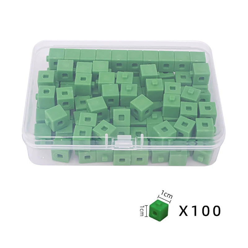 A clear plastic container filled with 100 green linking cubes for early math learning.