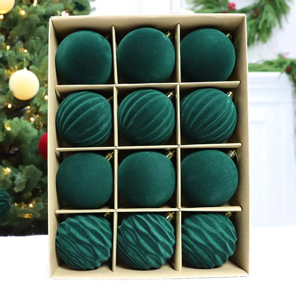 Set of 12 Velvet Flocked Christmas Tree Ornaments in Green