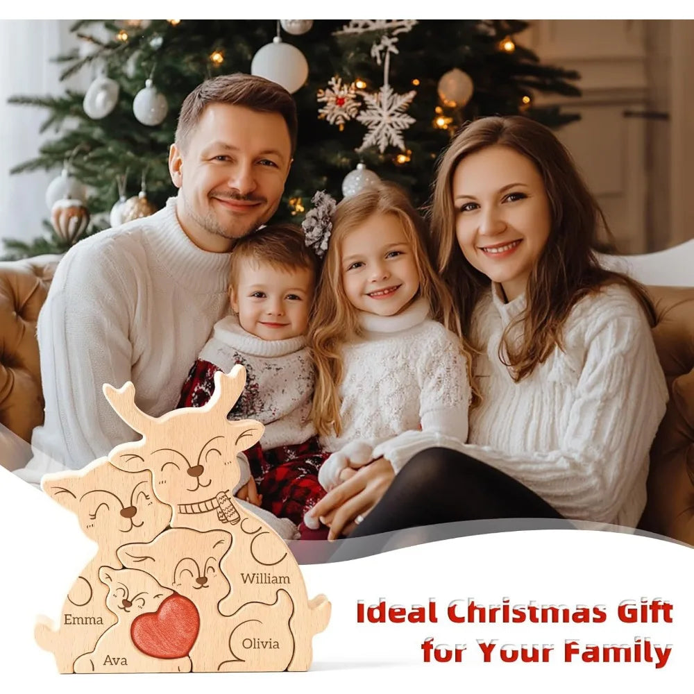 A family of four posing for a Christmas photo with a wooden elk puzzle decoration in the foreground.