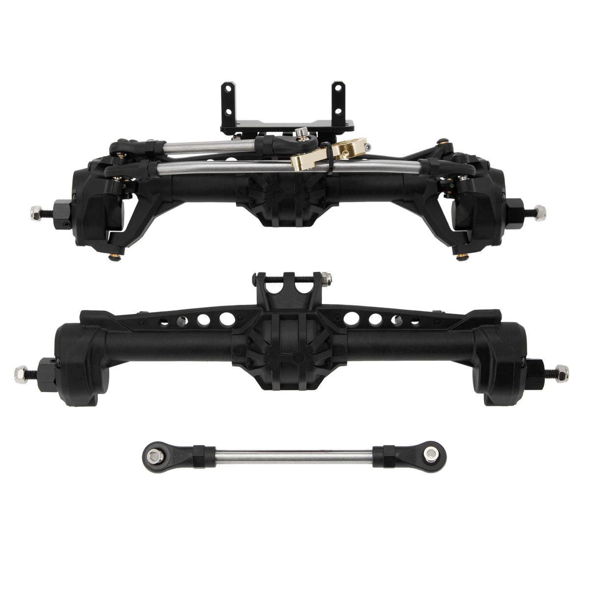 Set of black nylon portal axles for an Axial SCX10 RC crawler, including the axle and mounting brackets.