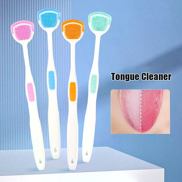 Un set de cinq nettoyants pour la langue en silicone de différentes couleurs, dont rose, bleu, orange et vert, exposés sur un