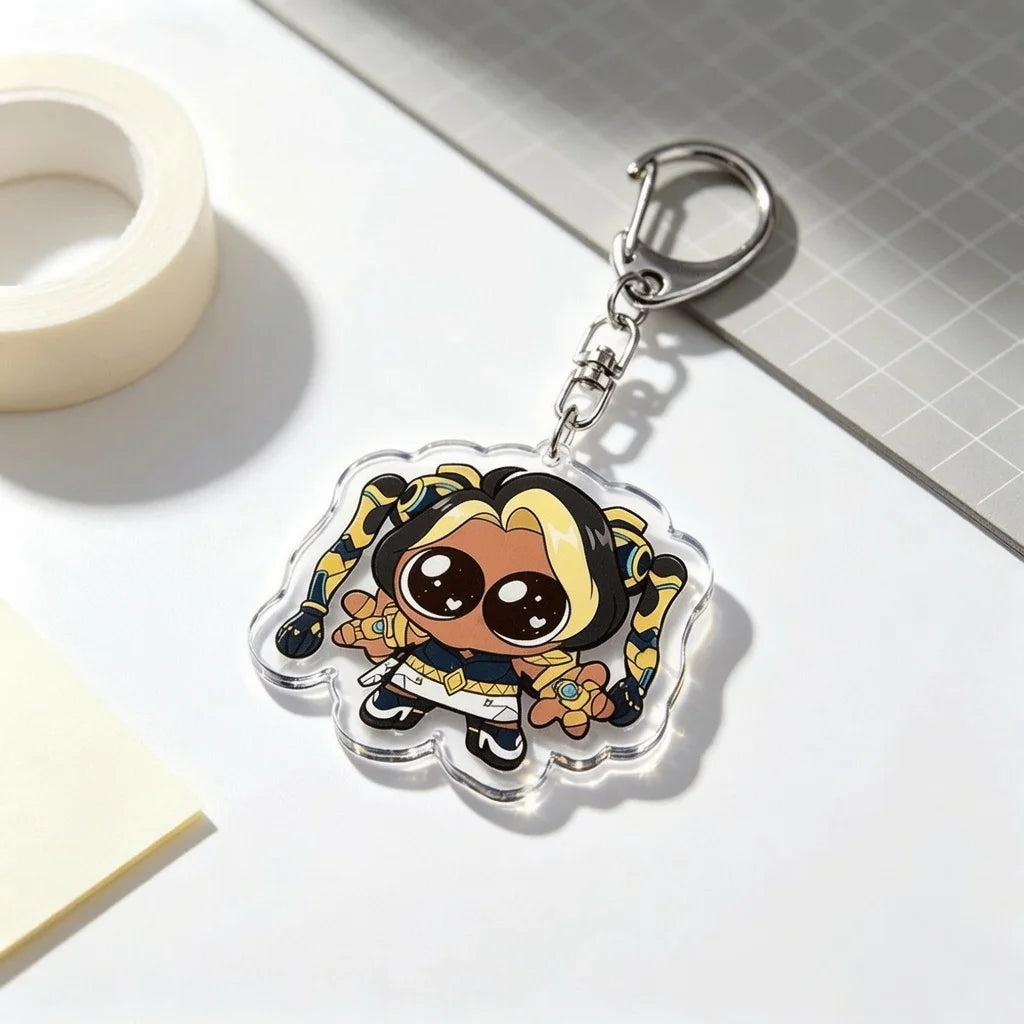 An acrylic keychain charm featuring an anime-inspired character with dark hair and yellow accents, attached to a silver keyri