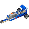 A blue and gray motorized building block set with wheels and gears.