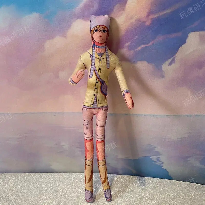 A poseable plush doll figure dressed in a yellow outfit and wearing a white cap against a cloudy background.