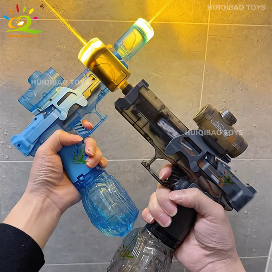 A hand is firing an electric pulse water gun with a simulated flame effect towards a target.