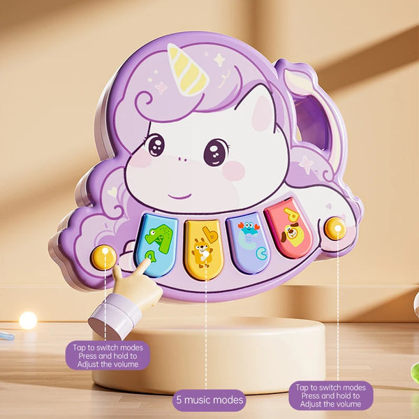 A purple unicorn-shaped musical keyboard toy with various animal keys and a light purple mane.