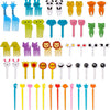 A colorful set of mini fruit forks for kids, featuring various fruits and shapes.