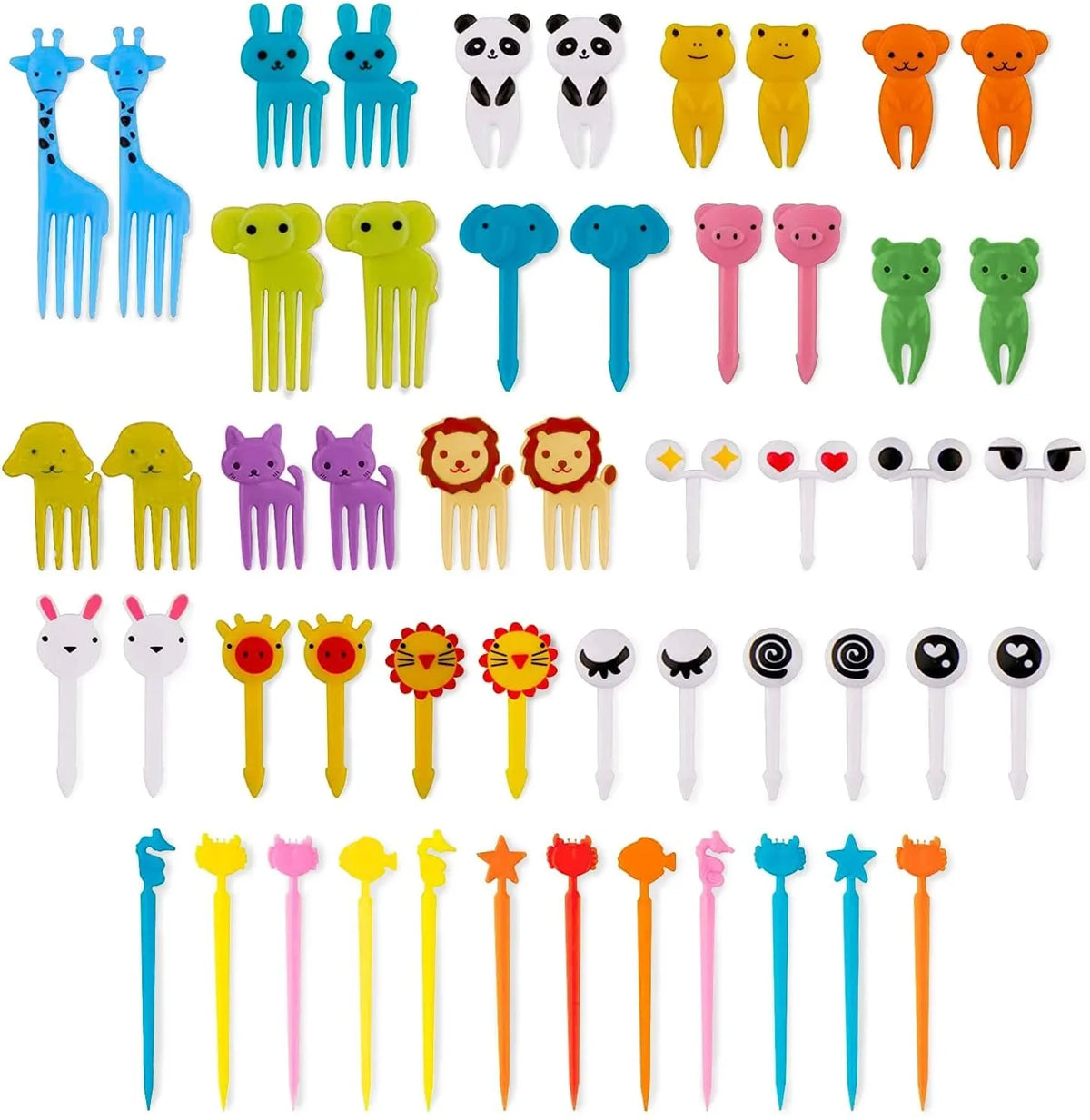 A colorful set of mini fruit forks for kids, featuring various fruits and shapes.