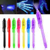 A set of invisible ink spy pens in various colors with UV light for secret messages.
