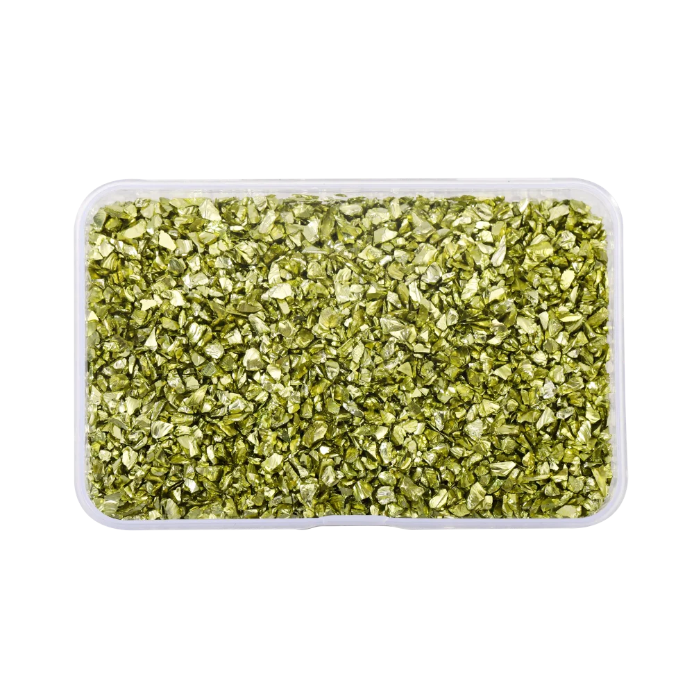 A clear plastic container filled with crushed green glass stones for resin and craft projects.