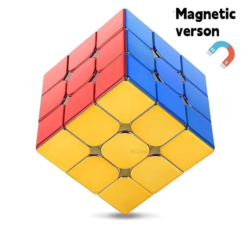 A magnetic version of a 3D puzzle cube with colored faces including red, blue, and yellow.