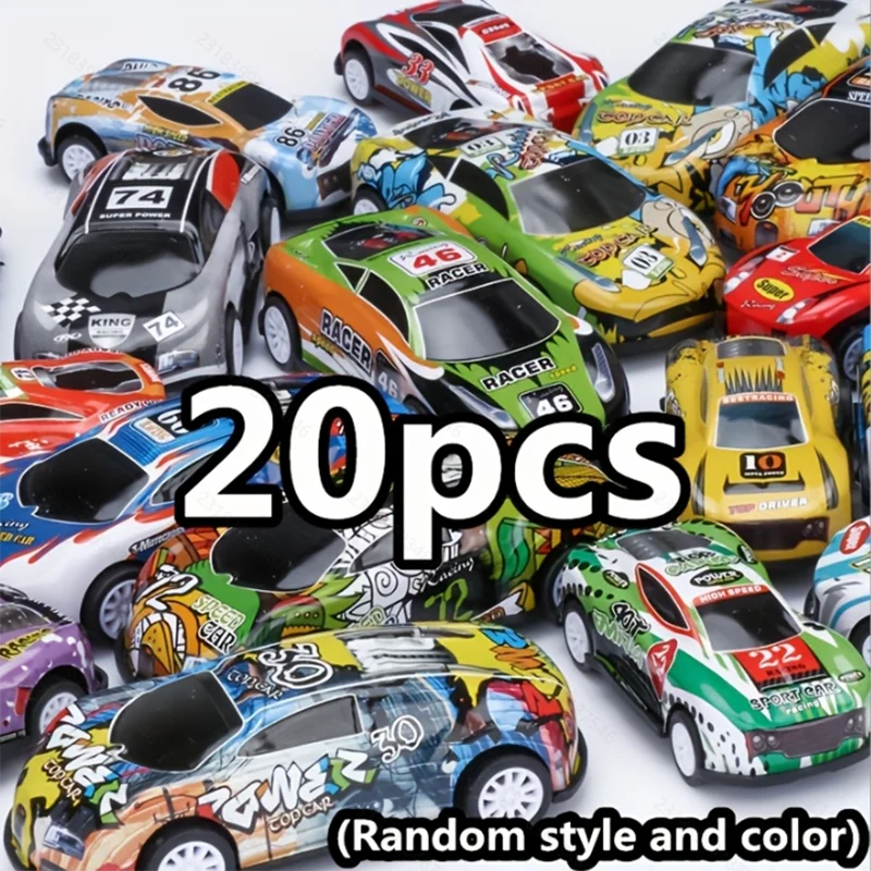 A collection of 20 die-cast mini racing cars in various colors and styles displayed on a white background.