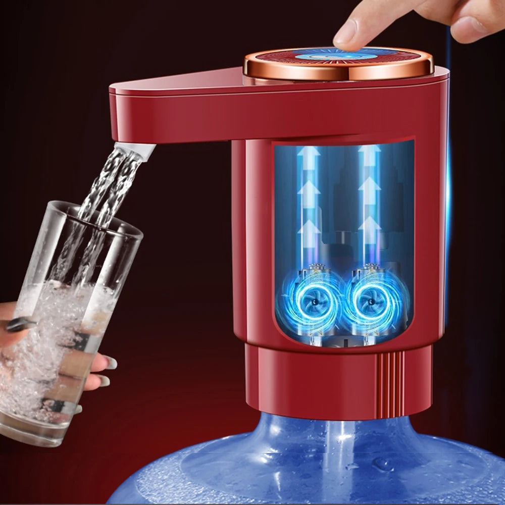 A hand pours water from a red electric dispenser pump into a glass, showing blue light inside the device.