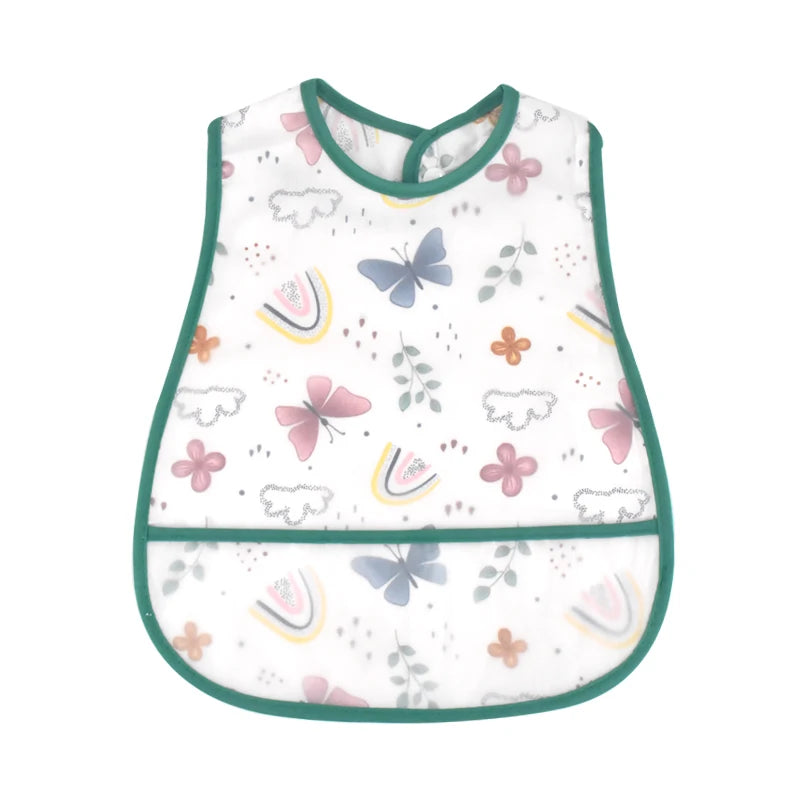 White baby bib with a green trim featuring a cartoon pattern of butterflies and clouds