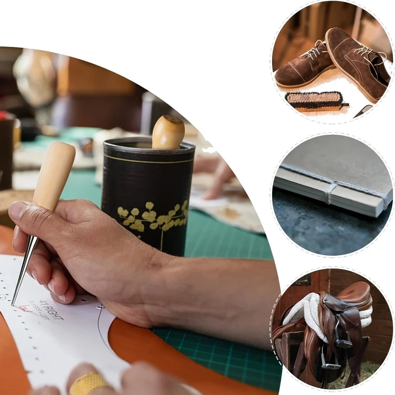A hand is using a needle to sew leather, with related items like shoes and waxed thread visible.