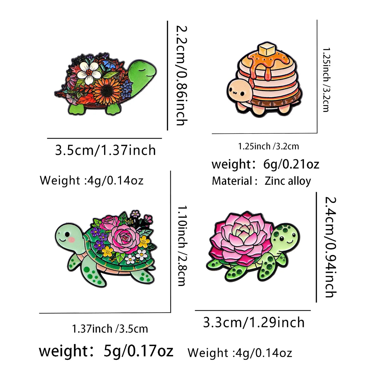 A set of cute green turtle enamel pins in various sizes and colors.