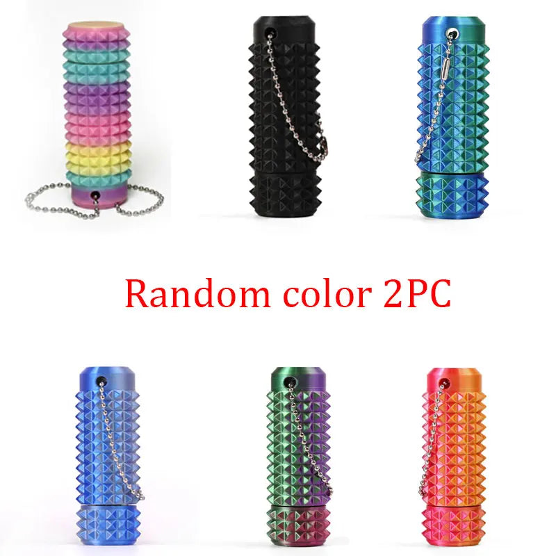 Two sets of spiky fidget key charms in various colors including purple, yellow, blue, and red.