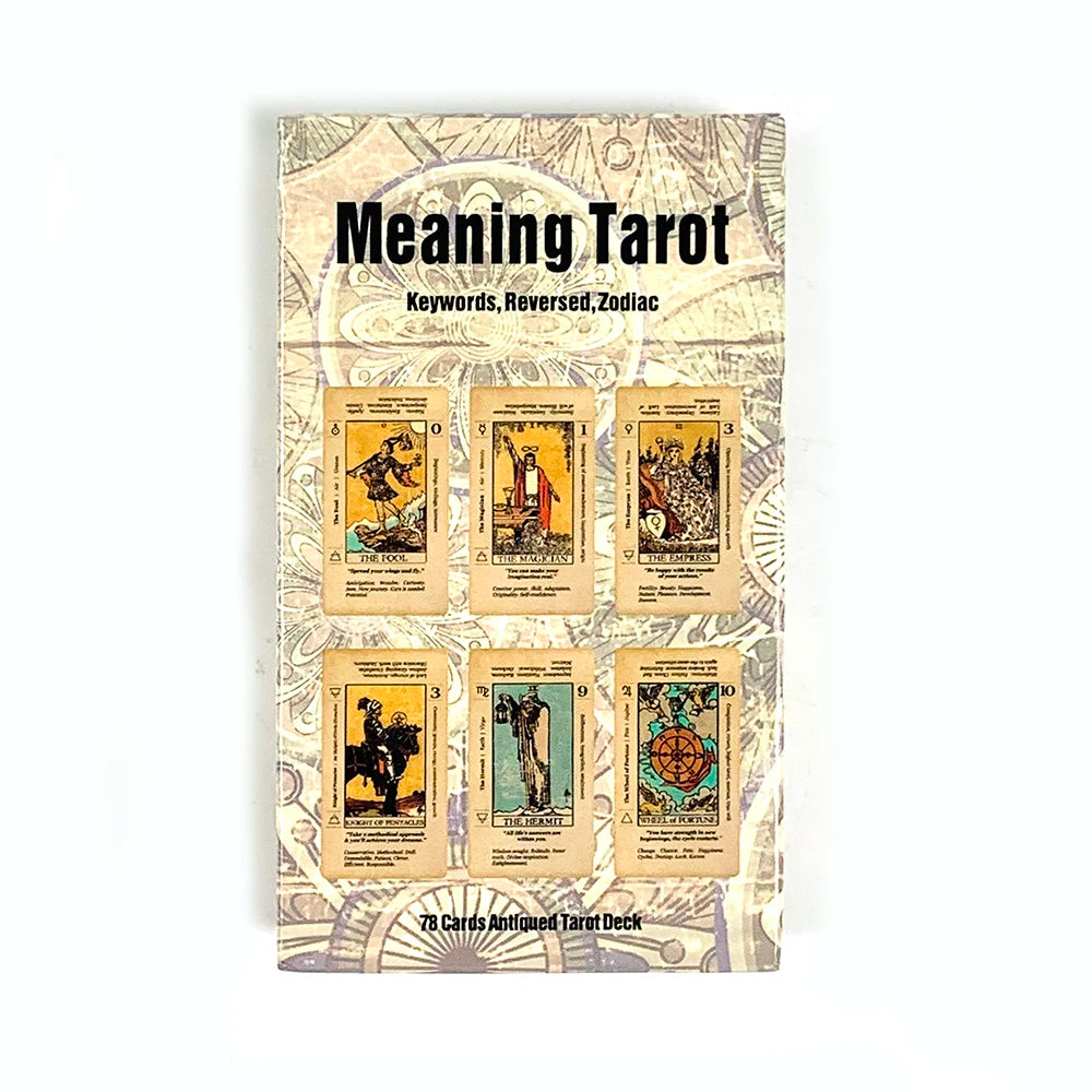 A deck of Meaning Tarot cards titled Meaning Tarot featuring various illustrated cards.