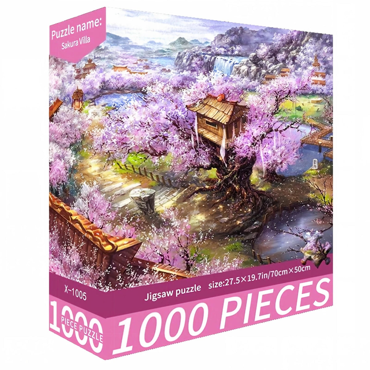 A 1000-piece jigsaw puzzle depicting a scenic landscape with pink blossoms and traditional architecture.