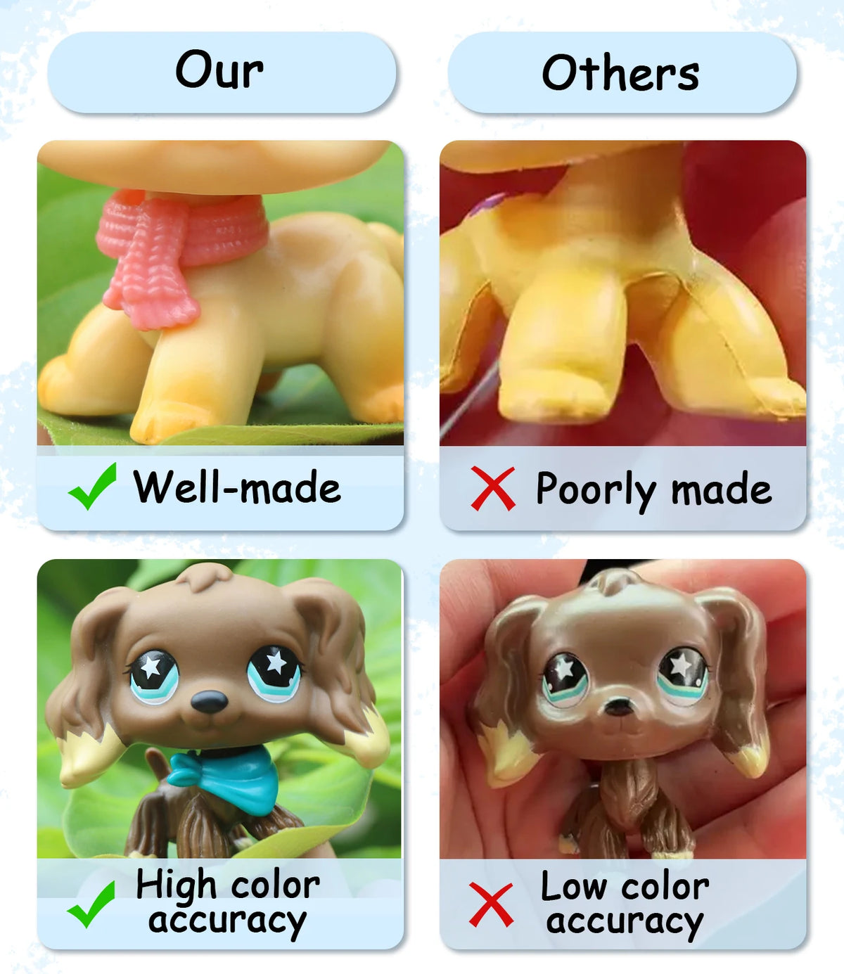 Comparison of a well-made doll laundry accessory set with drying rack and hangers versus a poorly made version.
