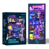 A box for the Cyberpunk Endless Dimensions DIY Wooden Book Nook Kit featuring an illuminated interior display.
