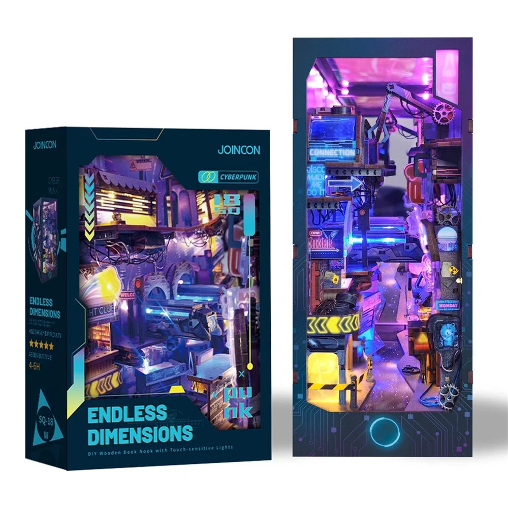 A box for the Cyberpunk Endless Dimensions DIY Wooden Book Nook Kit featuring an illuminated interior display.