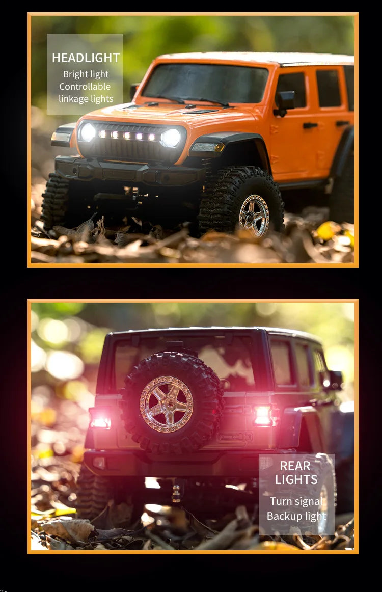 Close-up of an orange 1:18 scale RC Jeep showing bright headlight and rear lights in an off-road setting.
