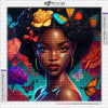 A vibrant diamond painting portrait of an African woman with curly hair adorned with flowers and butterflies.