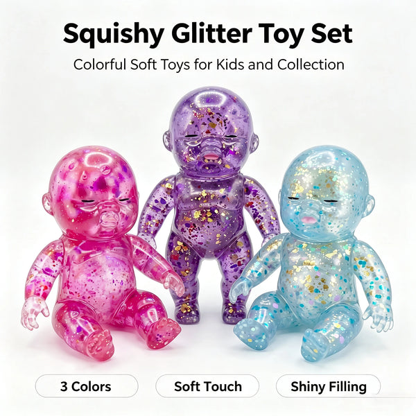 A set of three colorful glitter silicone squishy toys for kids, featuring pink, purple, and blue colors.