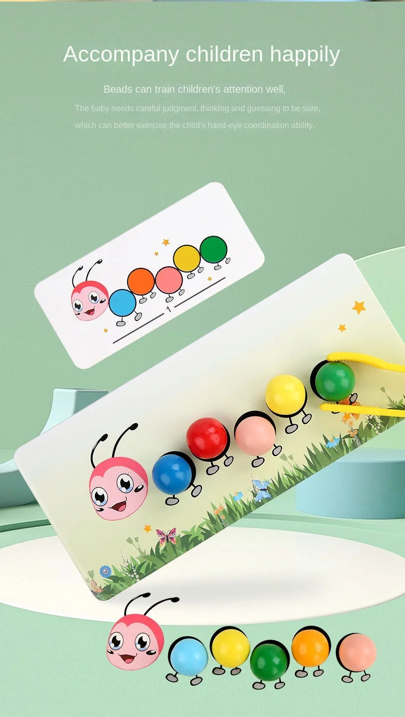 A wooden caterpillar clip beads game featuring colorful beads and a caterpillar design for children's fine motor skill develo