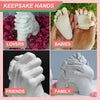 A collage showing various 3D hand and foot print casts made from clay for keepsakes like lovers, babies, friends, and family.