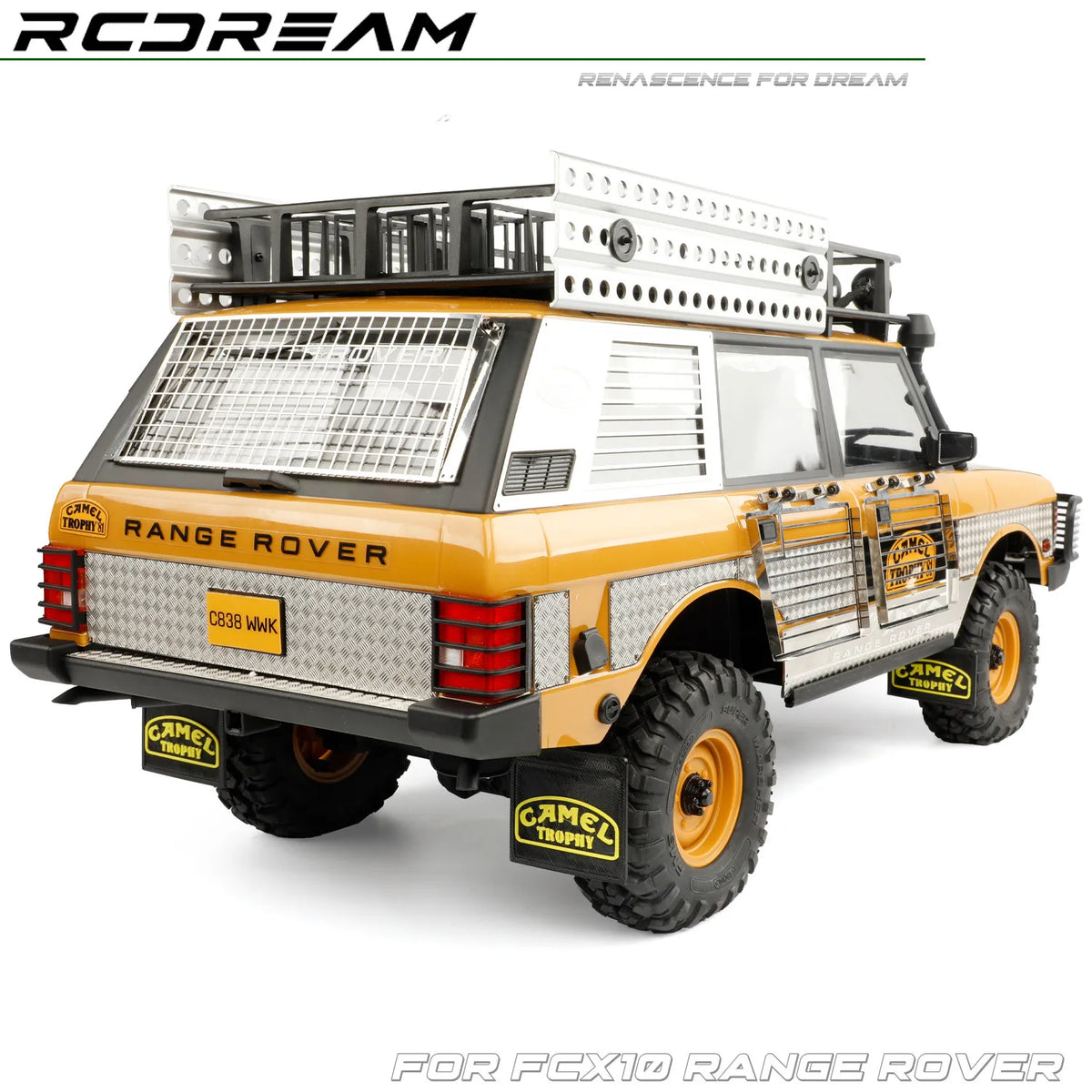 A yellow RC Range Rover model with a roof rack and mud flaps, shown for the FCX10 Range Rover upgrade kit.