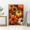 A framed painting featuring vibrant autumn foliage and pumpkins in warm orange, yellow, and green tones.