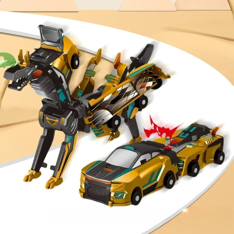A yellow and black transforming dinosaur car toy featuring a vehicle and a dinosaur figure.