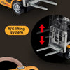 Mini RC forklift truck with an alloy body and lifting system, shown alongside its 2.4G remote control.