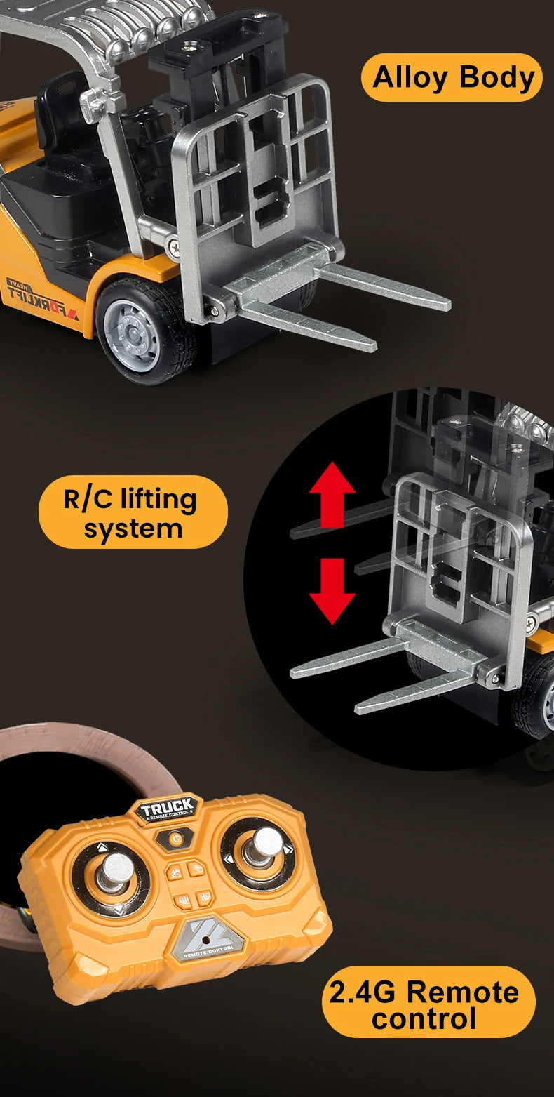 Mini RC forklift truck with an alloy body and lifting system, shown alongside its 2.4G remote control.